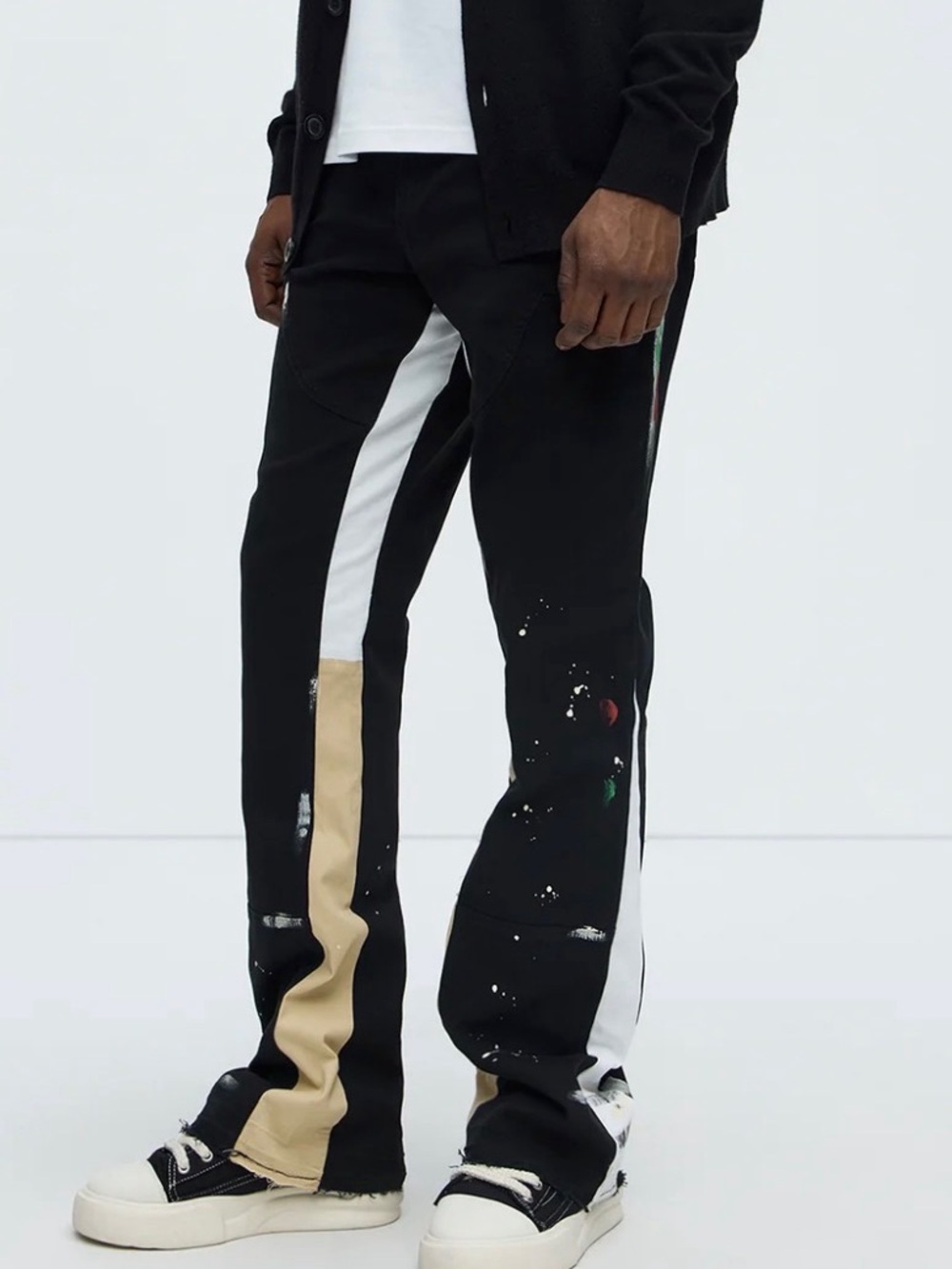 Men's Black Track-Style Jeans with White & Tan Panels, size 34